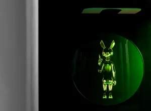 Glass rabbit sculpture in a minimalist installation art piece.