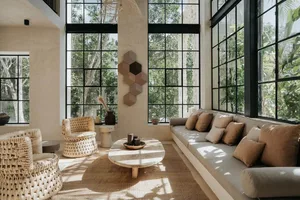 A minimalist living room with a concrete floor, large windows, and indoor plants.