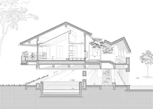 Modern architectural house cross-section featuring wood materials and design elements.