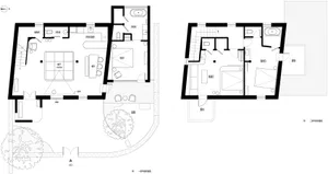 Schematic floor plan of a modern interior design, showing various rooms and layout.