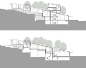 Cross-sectional architectural diagram of a modern residential building, showing interior and exterior details.