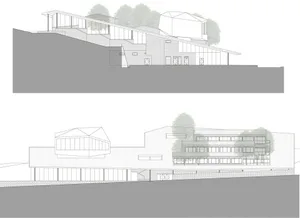 Sectional view of a modern residential building featuring glass walls and steel framing.