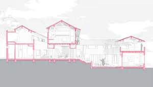Sectional architectural drawing of a residential home showcasing the structure and layout against a sky background.