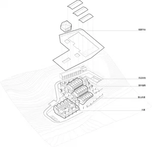 Floor plan of a resort with various architectural styles and features.