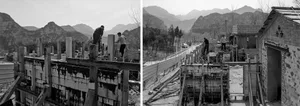 Two photographs showing a construction site with wooden and concrete structures. Men are working on the site.