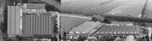 Aerial view of an industrial warehouse with steel structures.