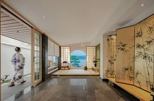 A serene Japanese-style residential lobby with tatami mats, shoji screens, and a traditional tea ceremony setup.