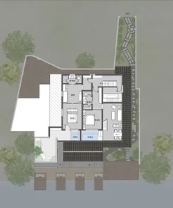 Floor plan of a modern residential interior designed with wood, stone, and glass materials.