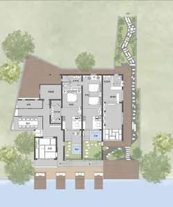 Modern residential floor plan featuring a waterfront view, incorporating elements such as wood materials and a contemporary s