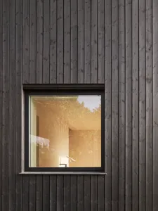 A modern window with dark wooden siding, showcasing minimalist design elements.