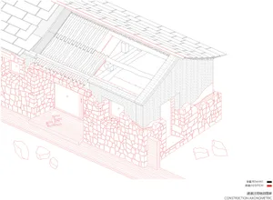 A traditional stone structure with a gabled roof and wooden door.