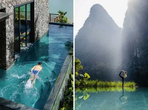 A man swimming in a modern hotel poolside with concrete walls and a view of the mountains.