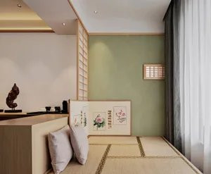 Modern interior living room with bamboo furniture and minimalist decor.