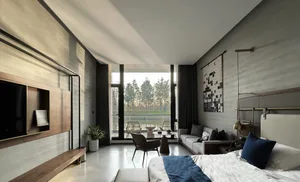 A minimalistic bedroom featuring contemporary furniture, a large window overlooking trees, and a cozy seating area with a sof