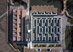 Aerial view of a modern office building constructed with steel