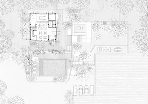 Floor plan of a modern residential home with structural elements, including a living room, dining area, kitchen, bedrooms, ba