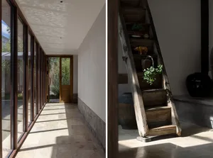 A modern, industrial interior with rustic wooden elements and minimalist design.