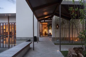 Concrete patio area with a modern design, featuring clean lines and minimalist style.