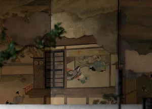 A traditional Japanese painting depicting a serene scene with a man and a woman in a traditional house, surrounded by nature.