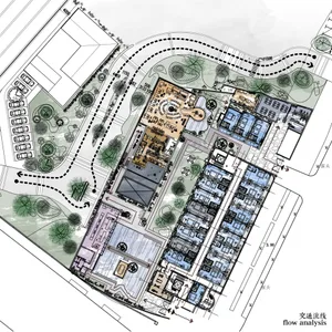 Architectural layout plan with mixed materials and urban planning elements