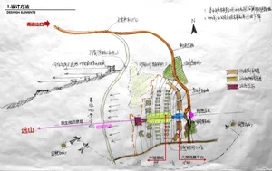 A detailed architectural plan of a residential area drawn on paper, including roads, buildings, and landscape elements.