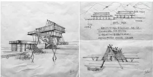 Conceptual sketch of an architectural design rendered on paper.