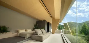 Modern bedroom featuring concrete, glass, and metal materials with a minimalist design.
