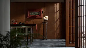 A beautifully designed living space featuring traditional wooden furniture and decor.