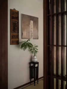 A minimalist living space featuring a wooden panel wall with decorative and functional design elements, including a potted pl