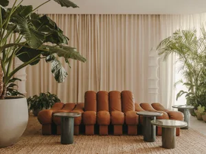 Modern living room featuring a stylish leather sofa, coffee tables, and potted plants