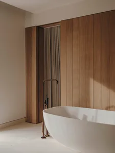 Modern minimalist bathroom with freestanding tub and wooden walls.