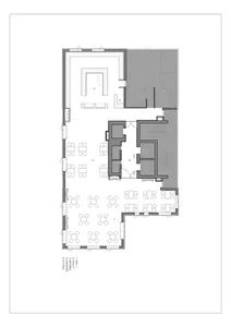 A detailed architectural plan of a restaurant interior design, featuring neutral color schemes and functional zoning.