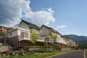 Modern residential homes with stone, glass, and wooden exterior designs.