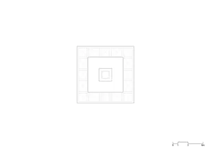A black and white line drawing of a square architectural floor plan with a central room and surrounding smaller rooms.