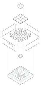 Isometric diagram of a modern building's interior, featuring a glass floor plan rendering.