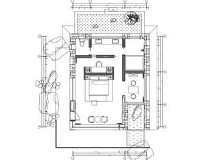 Schematic drawing of a modern bedroom floor plan with white walls and minimalistic design.