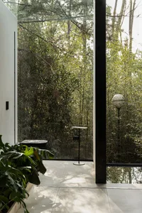 Modern interior space with large glass walls showcasing greenery and minimalist furniture