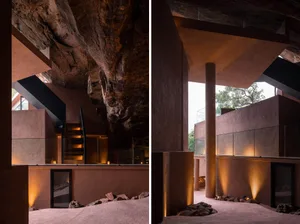 Interior design of a modern residential space featuring concrete walls and minimalist design.