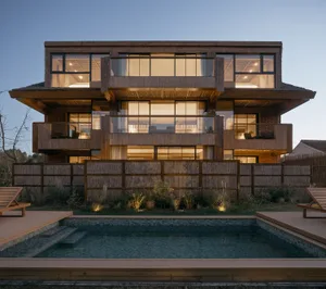 Modern residential house with wooden exterior and large glass windows at dusk