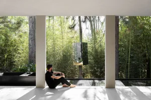 A minimalist interior space featuring wood and glass elements.