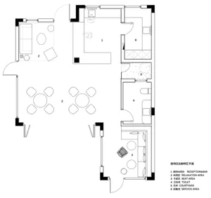 Modern office space with neutral materials, featuring a reception area, relaxation zones, and a seating area.