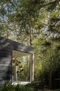A modern residential exterior made of wood.