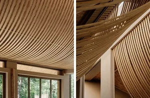 Curvilinear wooden ceiling with light filtration patterns