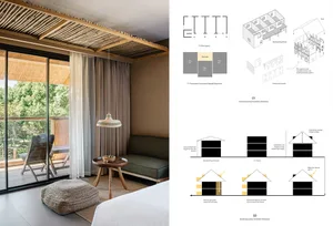 Modern bedroom featuring wooden materials and a comfortable seating area with a view of nature.