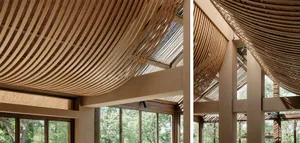 An image showcasing a modern interior design with a unique, curved wooden ceiling.