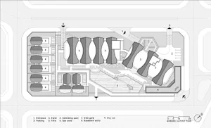 A technical drawing of a modern residential floor plan featuring concrete, glass, and steel materials.