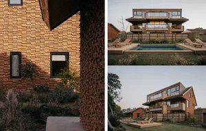 A modern house with a wooden exterior and a pool in the backyard.