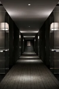 A sleek, minimalist hallway with glass and metal panels lining the walls, illuminated by soft, indirect lighting.