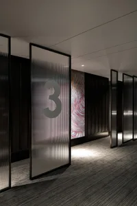 A modern hotel corridor with glass dividing panels and ceiling lighting.