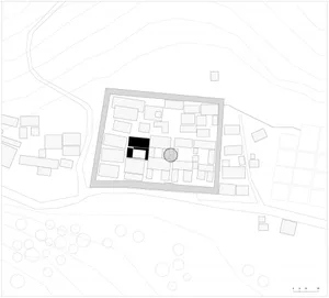 A detailed architectural drawing of a city block with buildings and infrastructure.